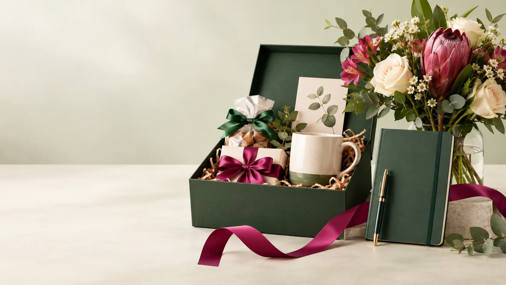 A Makoye Gifts arrangement with flowers, balloons, hampers and personalised gifts